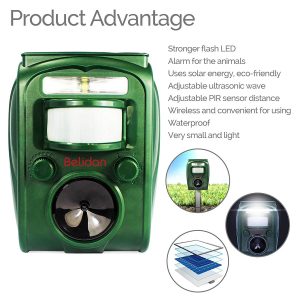 Belidan Animal Repellent Ultrasonic Outdoor Animal Repeller – Dog Rats Raccoon Repellent Skunk Repellent Mice Cat Repellent – Animal Deterrent Device Solar Powered – Motion Sensor, Alarm, LED Lights