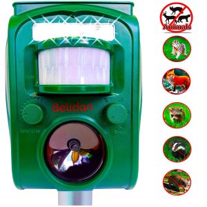 Belidan Animal Repellent Ultrasonic Outdoor Animal Repeller – Dog Rats Raccoon Repellent Skunk Repellent Mice Cat Repellent – Animal Deterrent Device Solar Powered – Motion Sensor, Alarm, LED Lights